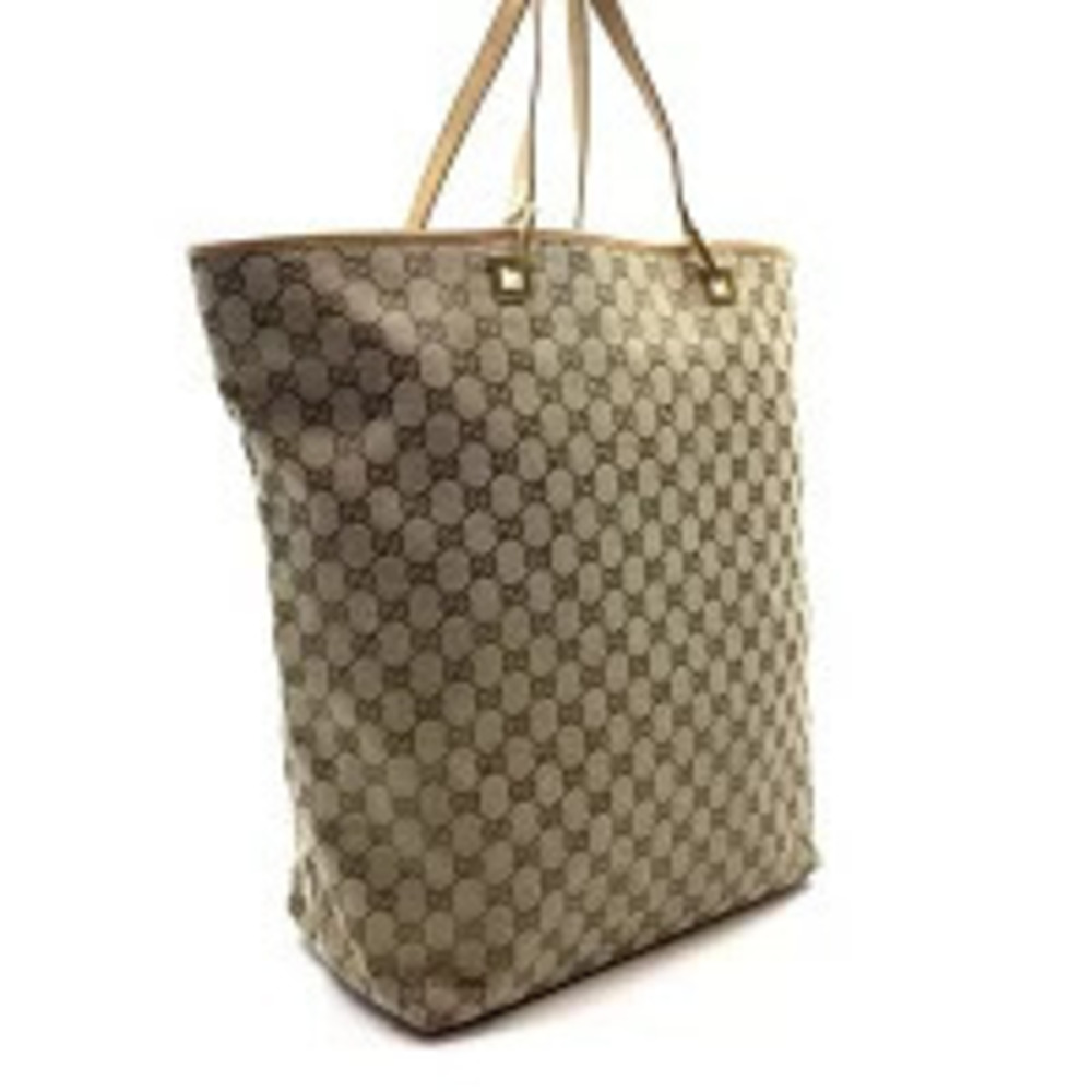 Gucci GG Brown Canvas Bag Vertical Beige Leather Tote Brown Tan